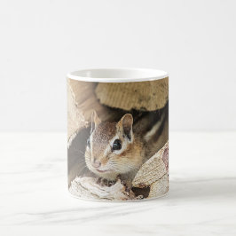 Chipmunk in een houten stapel koffiemok