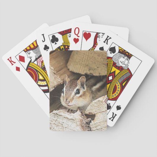 Chipmunk in een houten stapel pokerkaarten (Achterkant)