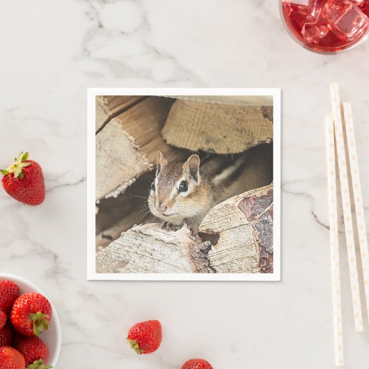 Chipmunk in een houten stapel servetten (Insitu)