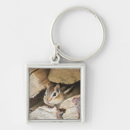 Chipmunk in een houten stapel sleutelhanger