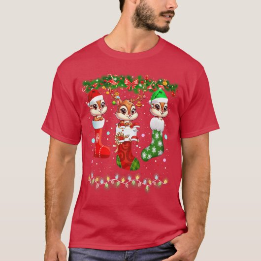 Chipmunk in kerstsokken lichten chipmunk Kerstmis T-shirt (Voorkant)