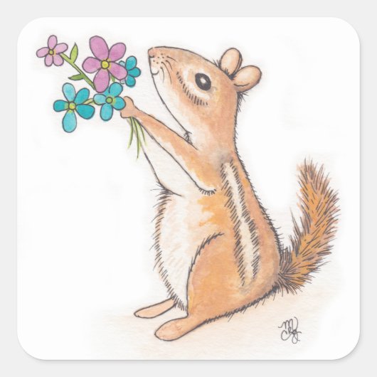 Chipmunk met Bloemboeket Vierkante Sticker (Voorkant)