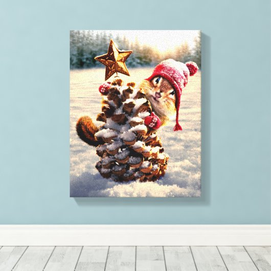 Chipmunk met een pijnkanonboom canvas afdruk (Insitu (Houten vloer))