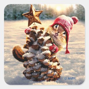 Chipmunk met een pijnkanonboom vierkante sticker