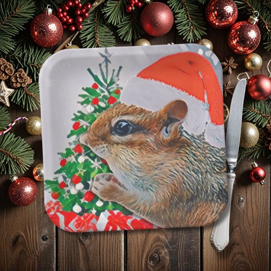 Chipmunk met Kerst Pet in Front of Tree Papieren Bordje
