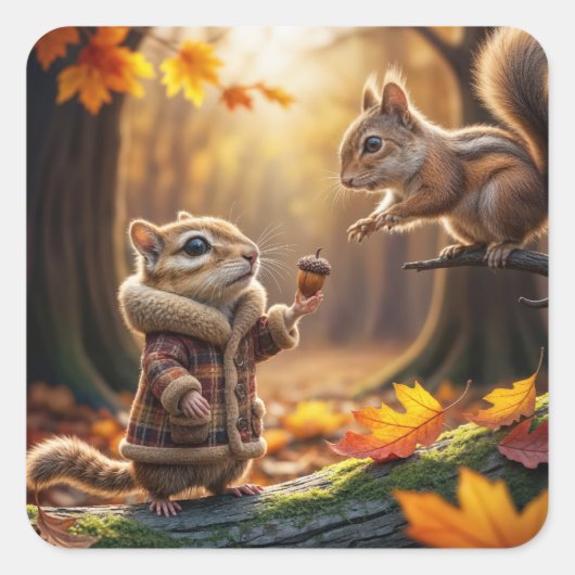 Chipmunk Ontmoeting In Een Herfst Bossen Vierkante Sticker (Voorkant)