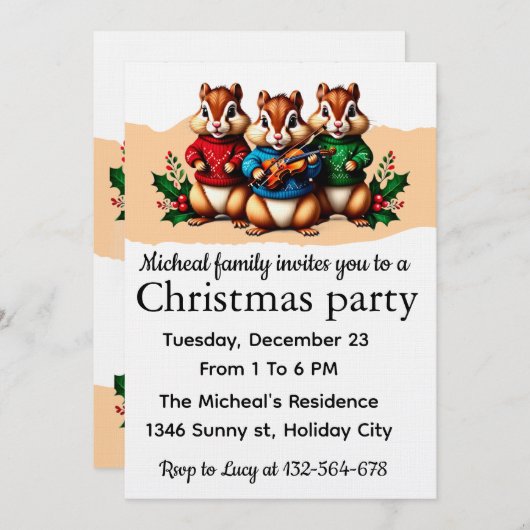 Chipmunks Christmas Party Invitation Kaart (Voorkant / Achterkant)