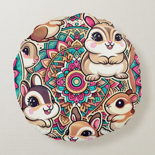 "Chipmunks & Cottontails" Rond Kussen (Achterkant)