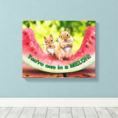 Chipmunks die watermeloen eten canvas afdruk (Insitu (Houten vloer))