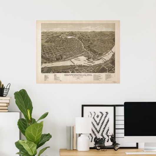 Chippewa Herfsten WI 1886 Antiek Panoramisch Kaart Poster (Thuiskantoor)