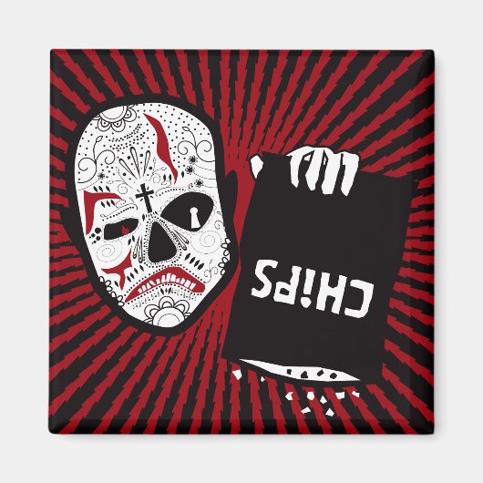 Chips zijn Down - Rood en Zwart Carn Skull Magnet (Voorkant)