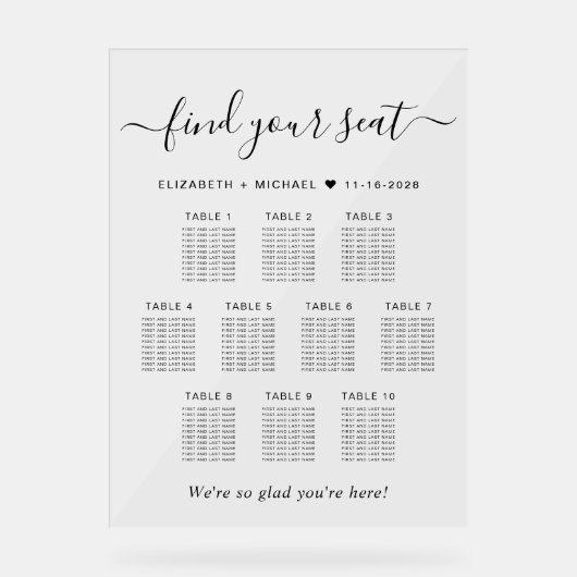 Chique 10 tafel bruiloft zitplaatsen acryl bord (Voorkant)