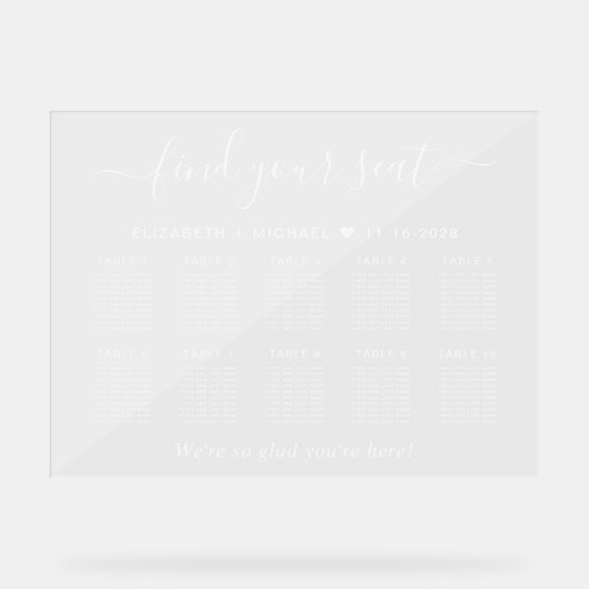 Chique 10 tafel wit script bruiloft zitplaatsen du acryl bord (Voorkant)