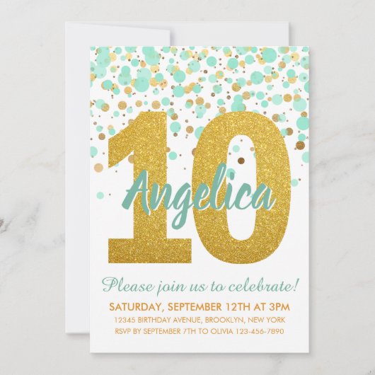 Chique 10e Verjaardagsmunt Gouden Glitter Confetti Kaart (Voorkant)