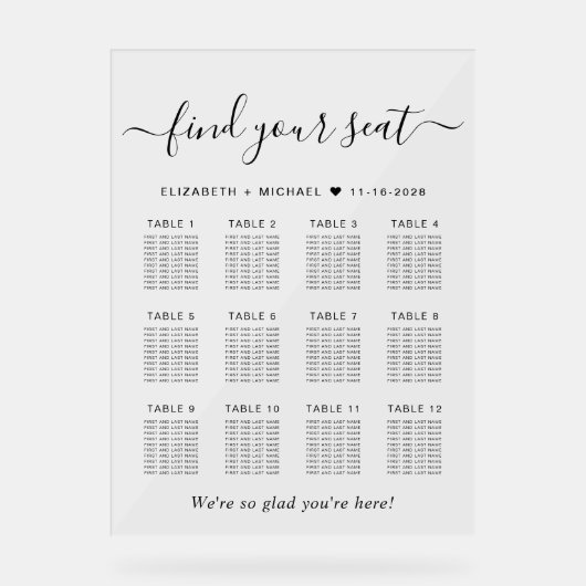 Chique 12 Tafel Bruiloft Zitplaatsen Wissen Acryl Bord (Voorkant)