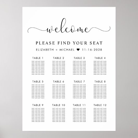 Chique 12 Tafel Bruiloft Zittingkaart Poster (Voorkant)