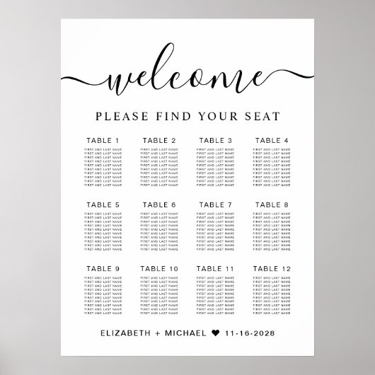 Chique 12 Tafel Bruiloft Zittingkaart Poster (Voorkant)
