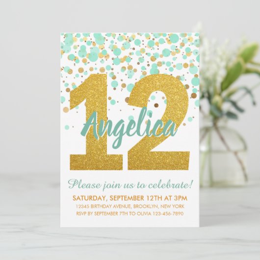 Chique 12e Verjaardagsmunt Goud Glitter Confetti M Kaart (Staand voorkant)