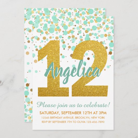 Chique 12e Verjaardagsmunt Goud Glitter Confetti M Kaart (Voorkant / Achterkant)