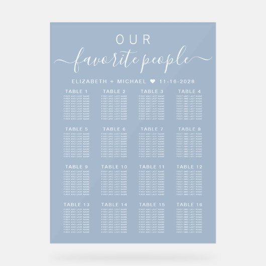 Chique 16 Tafel Stoffig Blauw Bruiloft Zitje Frost Acryl Bord (Voorkant)