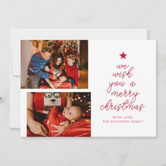 Chique 2 foto rood | Wij wensen u een vrolijk kers Feestdagenkaart (Voorkant)