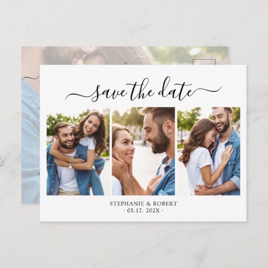 Chique 3 Foto Collage Budget Bruiloft Save The Dat Aankondigingskaart (Voorkant / Achterkant)
