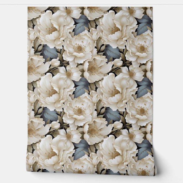 Chique 3d wit goud en salie bloemen lente bloemenb behang (Afrollen)