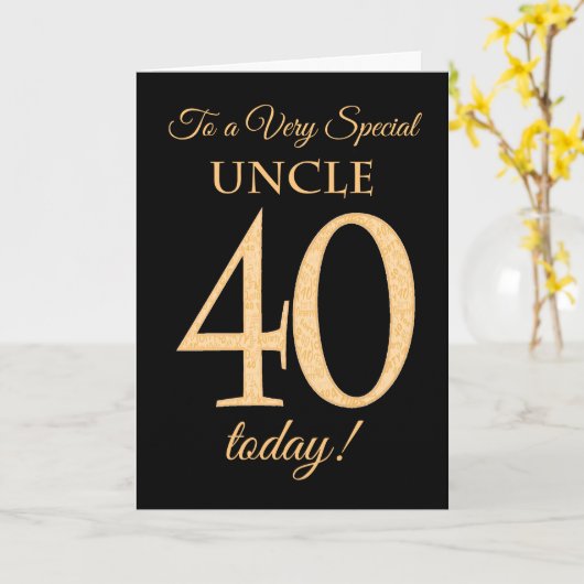 Chique 40e gouden effect op zwart, oom verjaardag kaart (Gele Bloem)