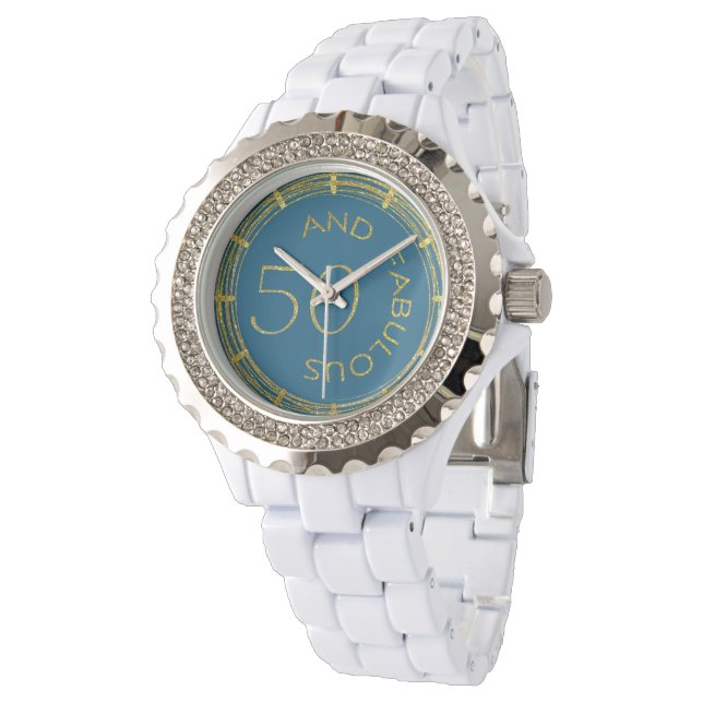 Chique 50 en Fabulous Blue Gold Glittery 50th Horloge (Gekanteld)