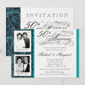 Chique 50e verjaardagsuitnodigingen - Blauw Damast Kaart (Voorkant / Achterkant)