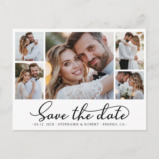 Chique 5 Foto Collage Budget Bruiloft Save The Dat Aankondigingskaart (Voorkant)