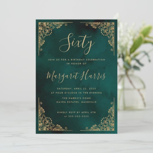 Chique 60e Zestig Goud Lijst Groen Verjaardag Kaart (Staand voorkant)