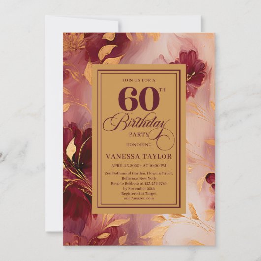 Chique 60ste verjaardag Marsala Blush Gouden Boho Kaart (Voorkant)