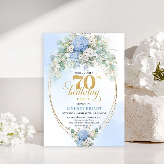 Chique 70e verjaardag Pastelblauwe Hydrangea Uitno Kaart