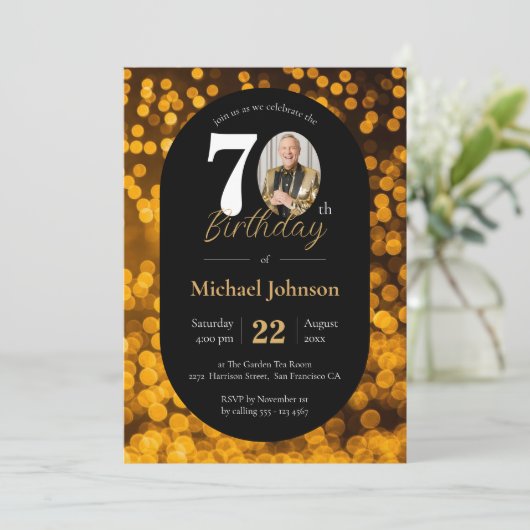 Chique 70e verjaardag zwart gouden bokeh elegante kaart (Staand voorkant)