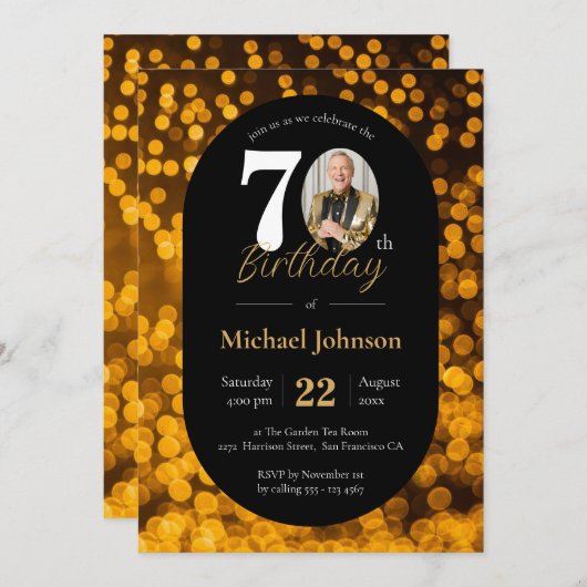 Chique 70e verjaardag zwart gouden bokeh elegante  kaart (Voorkant / Achterkant)