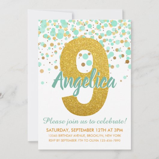 Chique 9e verjaardag Mint Groen Goud Glitter Confe Kaart (Voorkant)