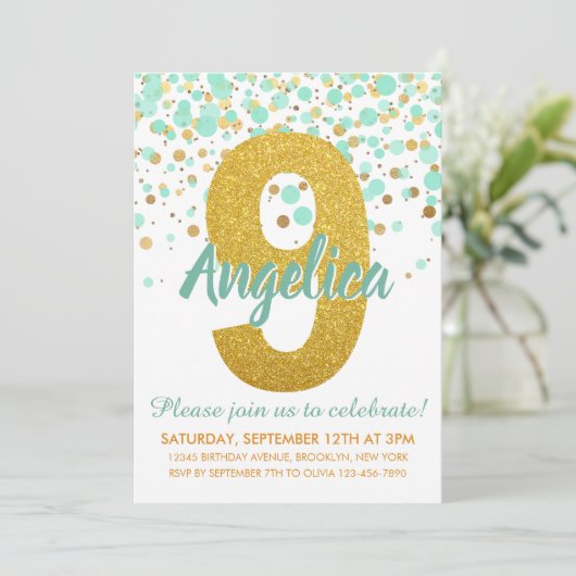 Chique 9e verjaardag Mint Groen Goud Glitter Confe Kaart (Staand voorkant)