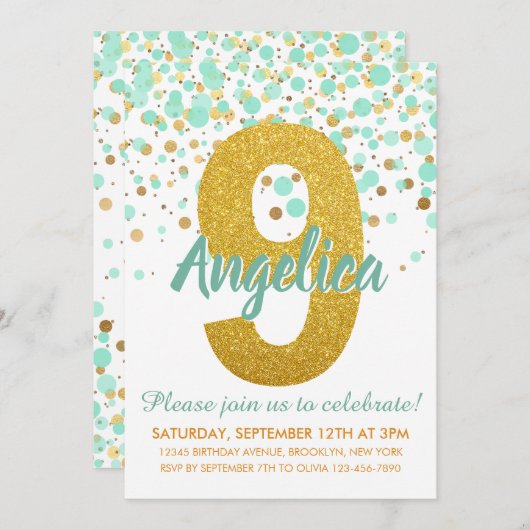 Chique 9e verjaardag Mint Groen Goud Glitter Confe Kaart (Voorkant / Achterkant)