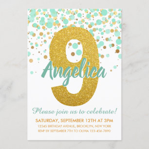 Chique 9e verjaardag Mint Groen Goud Glitter Confe Kaart