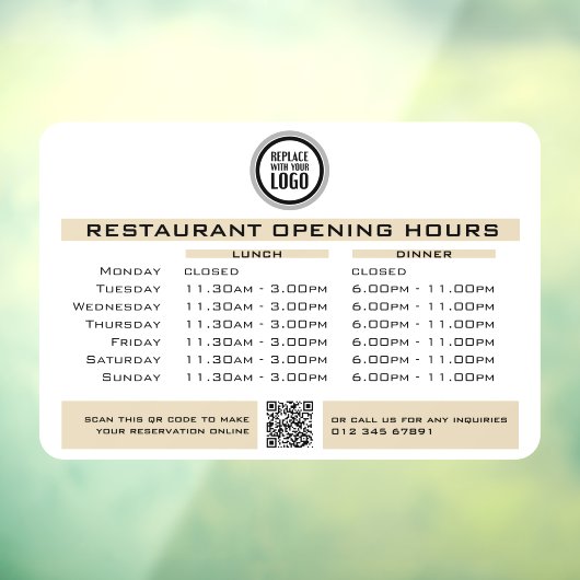 Chique aangepaste openingsuren lunch diner restaur raamsticker (Vel 3)
