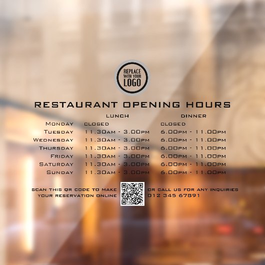 Chique aangepaste openingsuren lunch diner restaur raamsticker (Vel 2)
