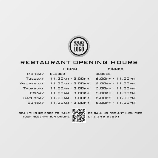 Chique aangepaste openingsuren lunch diner restaur raamsticker (Vel)
