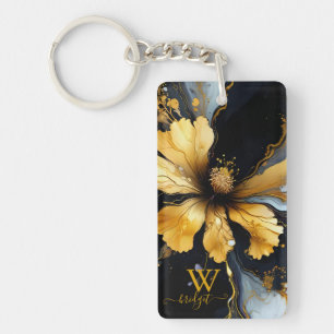 Chique abstract zwart goud bloemenmolen sleutelhanger