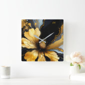 Chique abstract zwart goud bloemenmolen vierkante klok (Huis)
