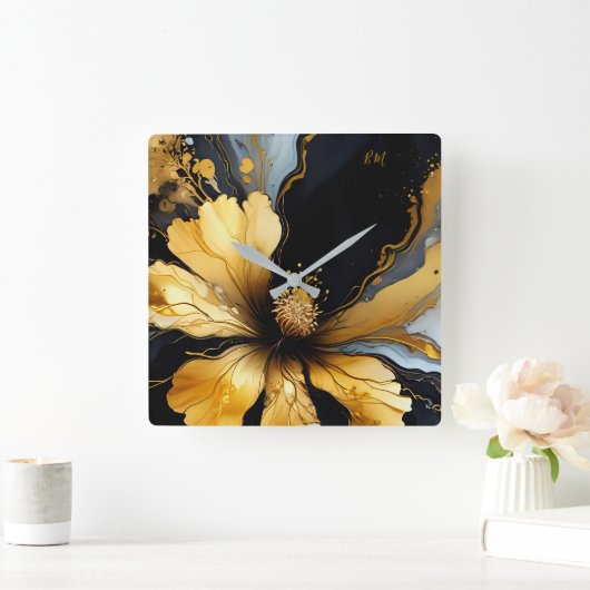 Chique abstract zwart goud bloemenmolen vierkante klok (Huis)