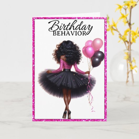 Chique Afro-Amerikaanse vrouw roze/zwart verjaarda Kaart (Gele Bloem)