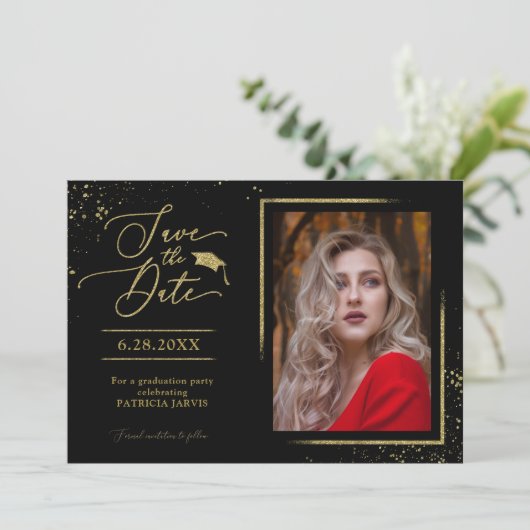 Chique afstudeerfeest Save The Date Goud Glitter F Kaart (Staand voorkant)