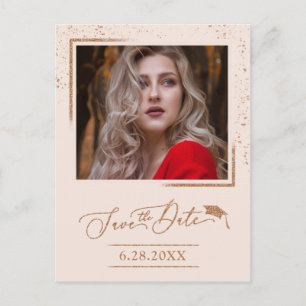 Chique afstudeerfeest save the date roze gouden gl briefkaart