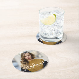 Chique afstudeerfeestfoto met witte script ronde kartonnen onderzetter